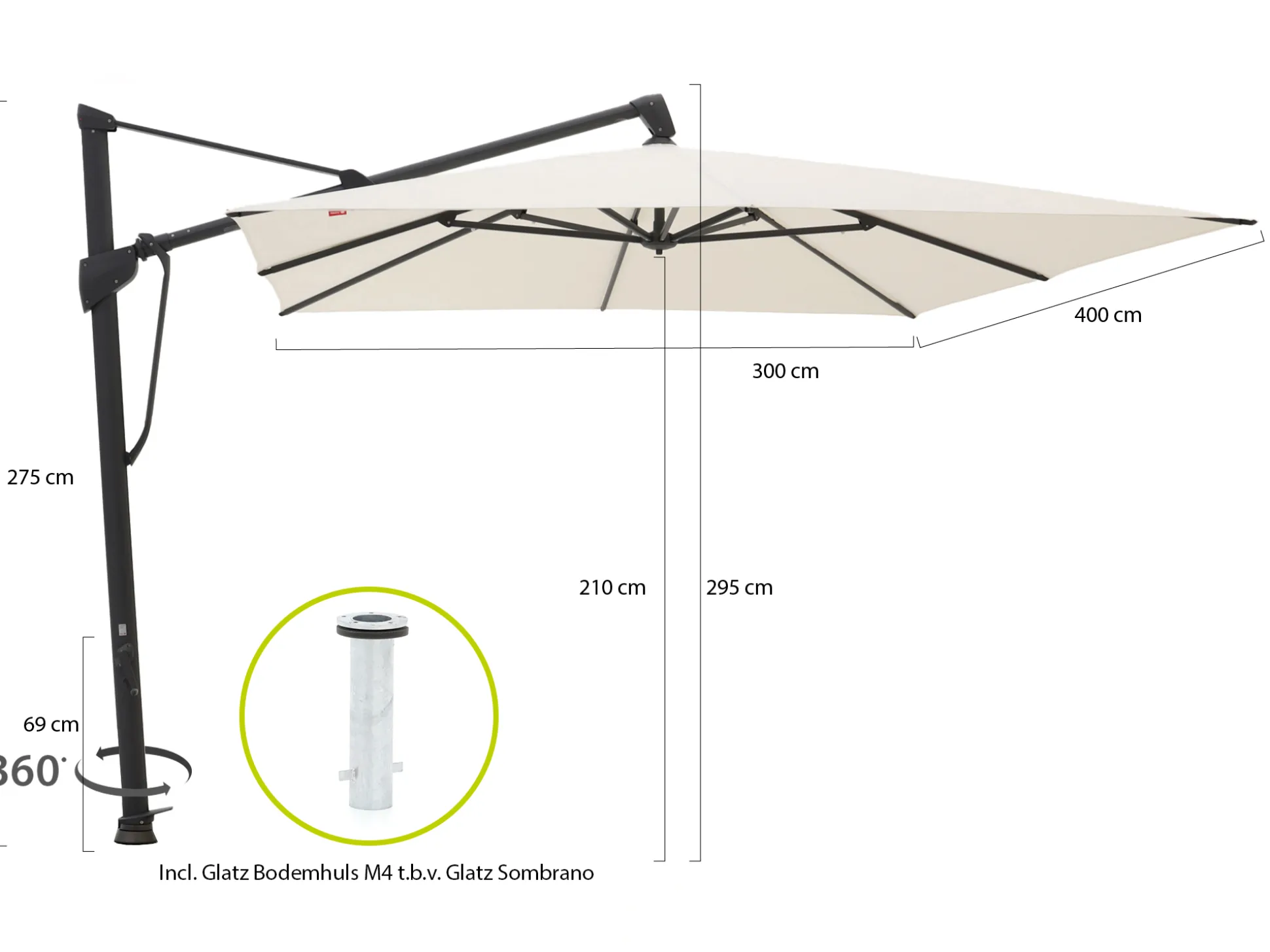 Glatz Sombrano S+ Easy zweefparasol 400x300cm
