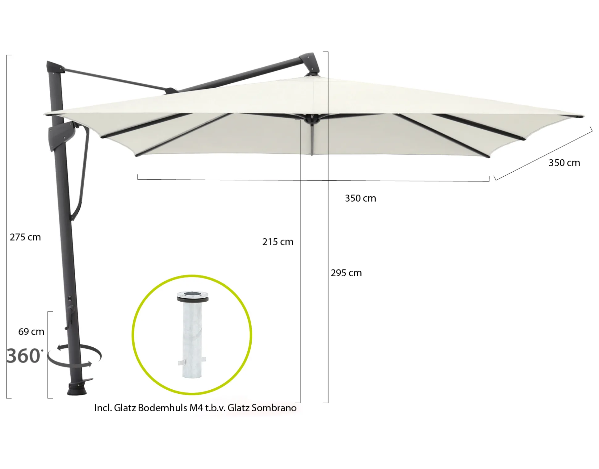 Glatz Sombrano S+ Easy zweefparasol 350x350cm